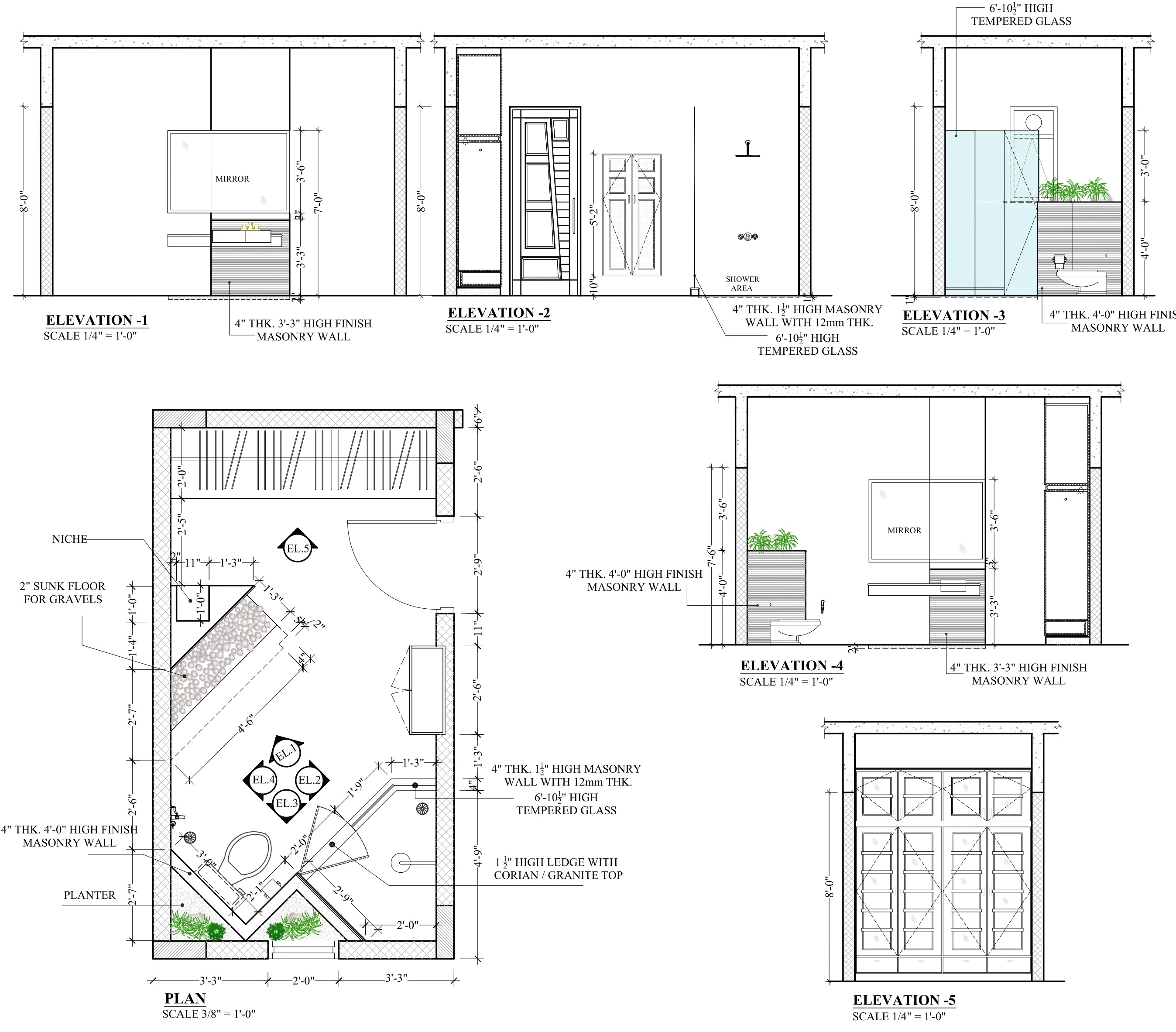 Corner bathroom plan and elevations for Bath Suite Detail Package