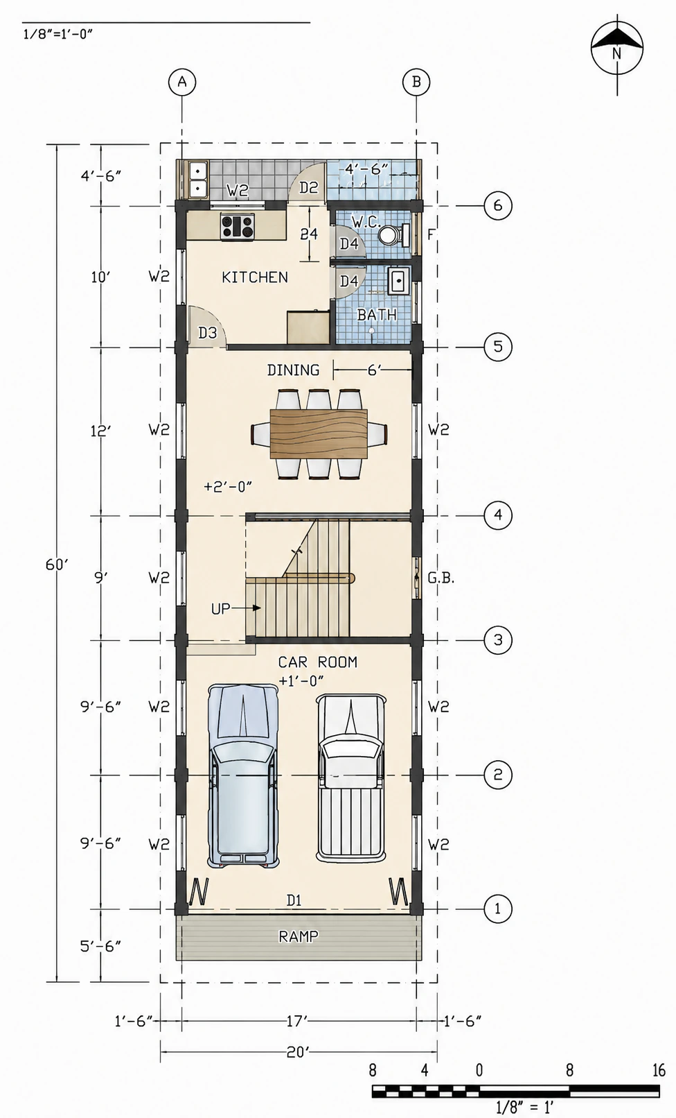 Ground-floor technical plan for Split Frame House
