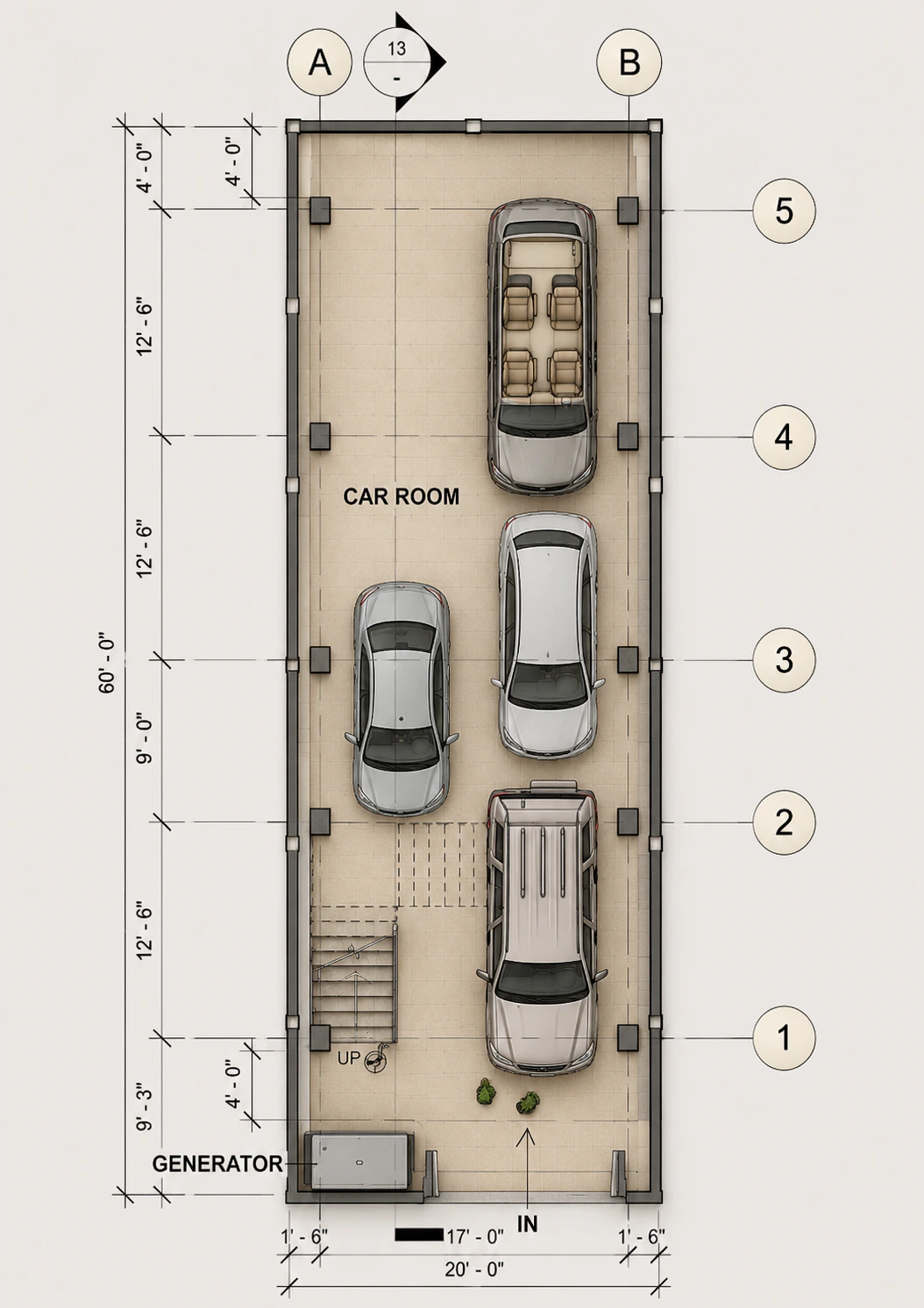 Parking level plan for Vertical Court Townhouse