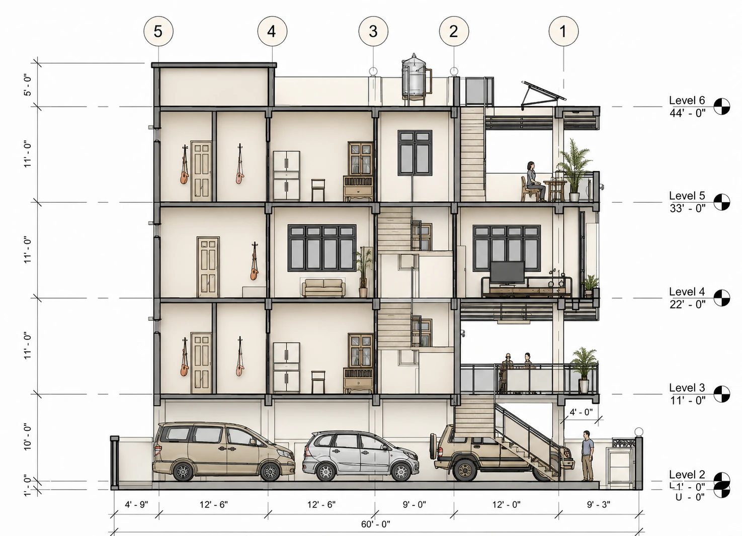 Building section for Vertical Court Townhouse