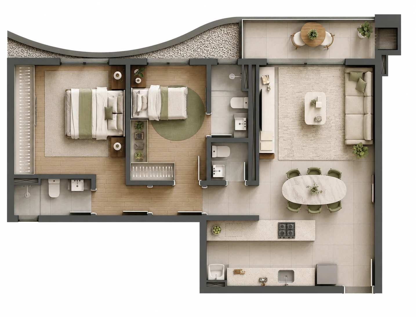 Curved terrace floor plan for Arcadia Two-Bedroom Suite