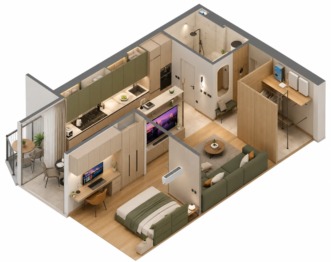 Living and bedroom layout for Lumen One-Bedroom Apartment