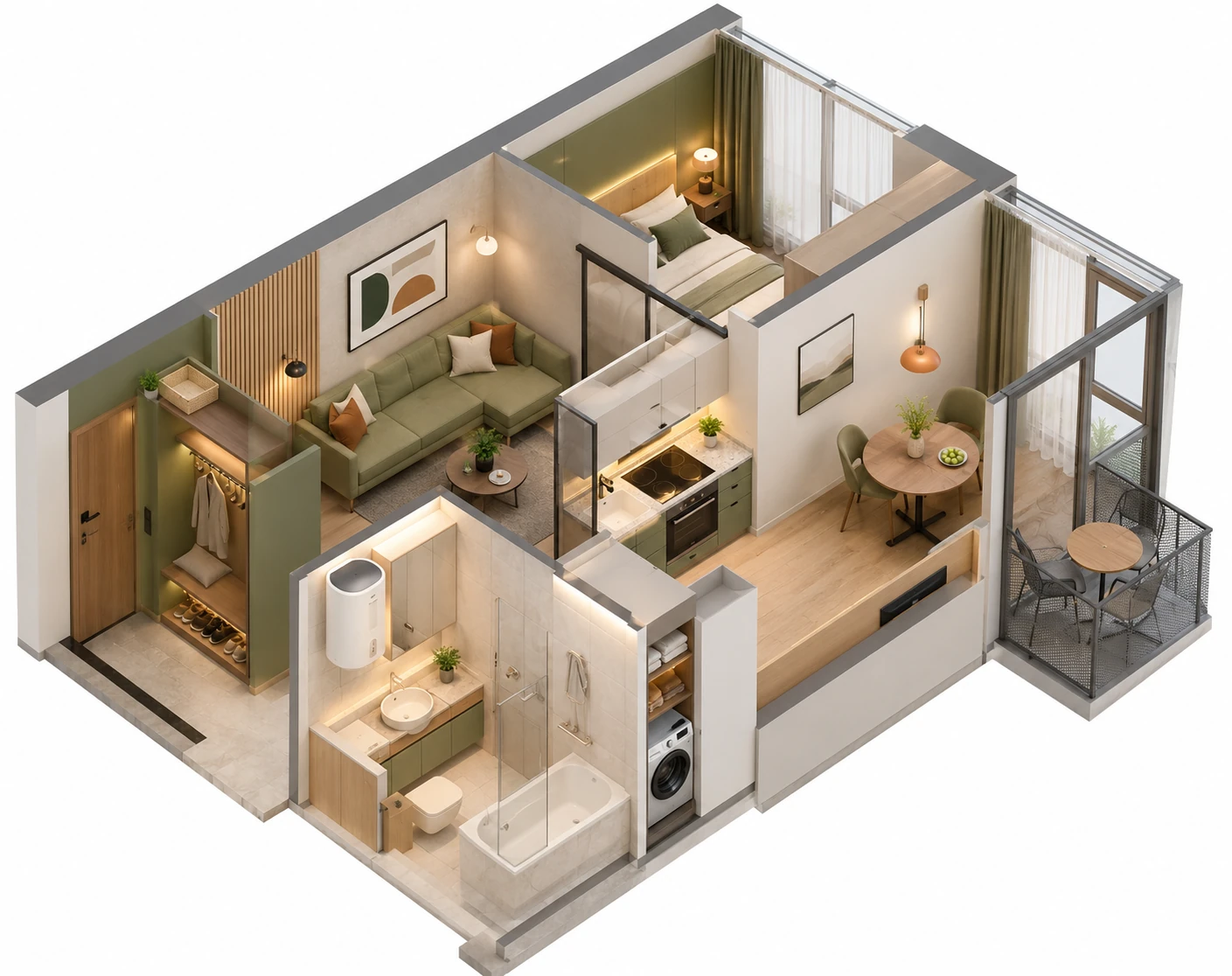 Balcony and living layout for Lumen One-Bedroom Apartment