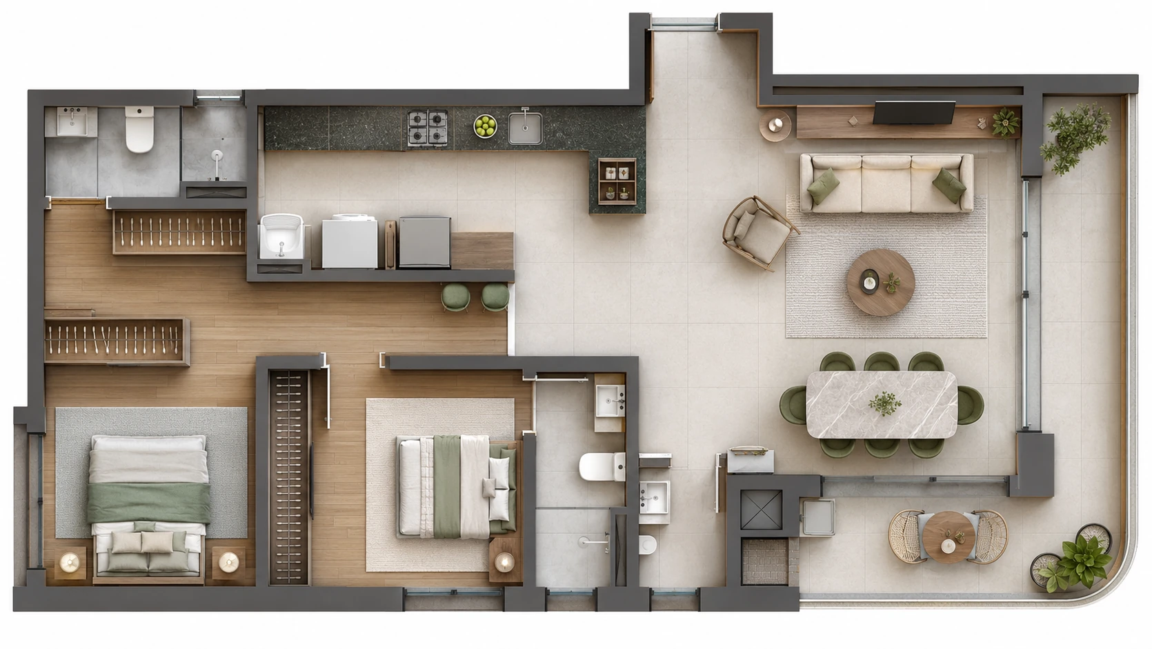 Two-bedroom corner plan for Olive Corner Apartment