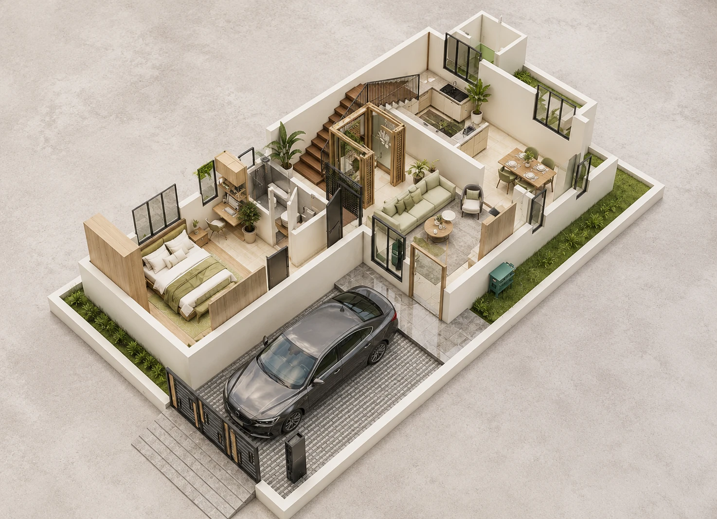 Entry and garage layout for Palm Court Residence