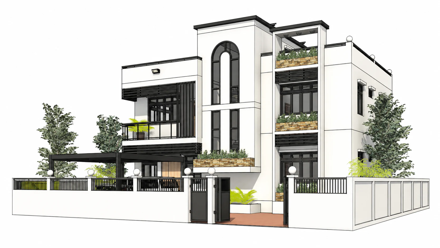 Front corner model for Arcade Garden Villa