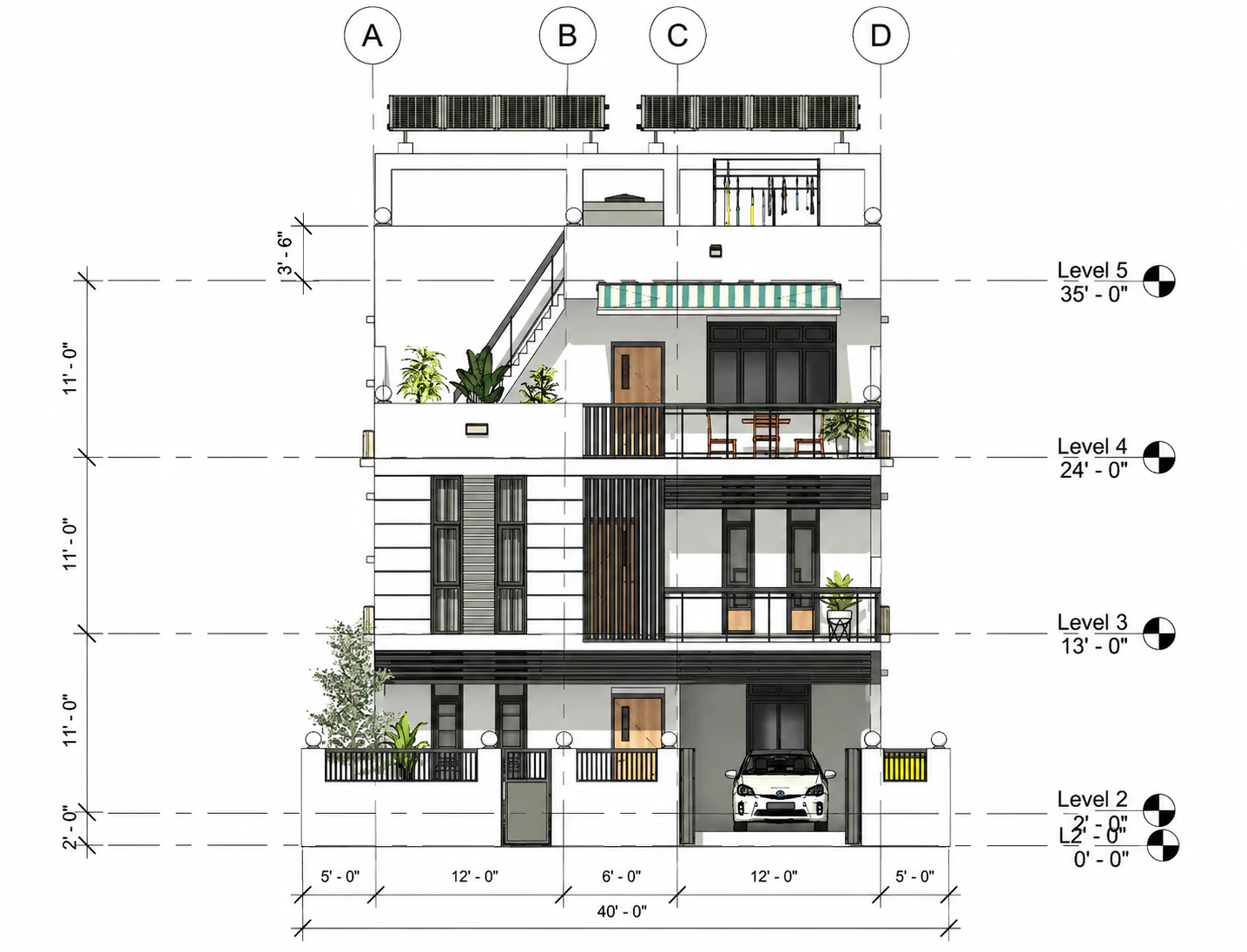 Annotated front elevation for Solar Crest Residence