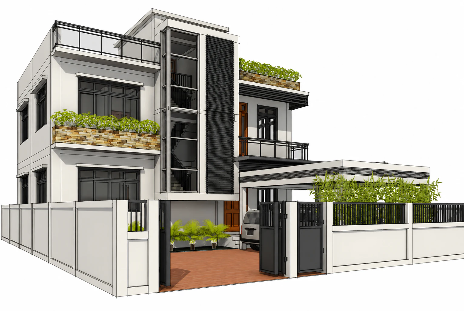 Front corner model for Stoneleaf Residence