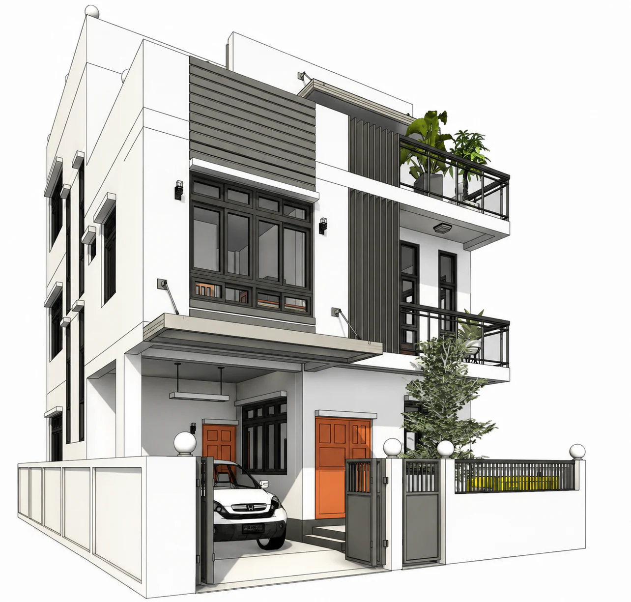 Front corner model for Terrace Frame Residence