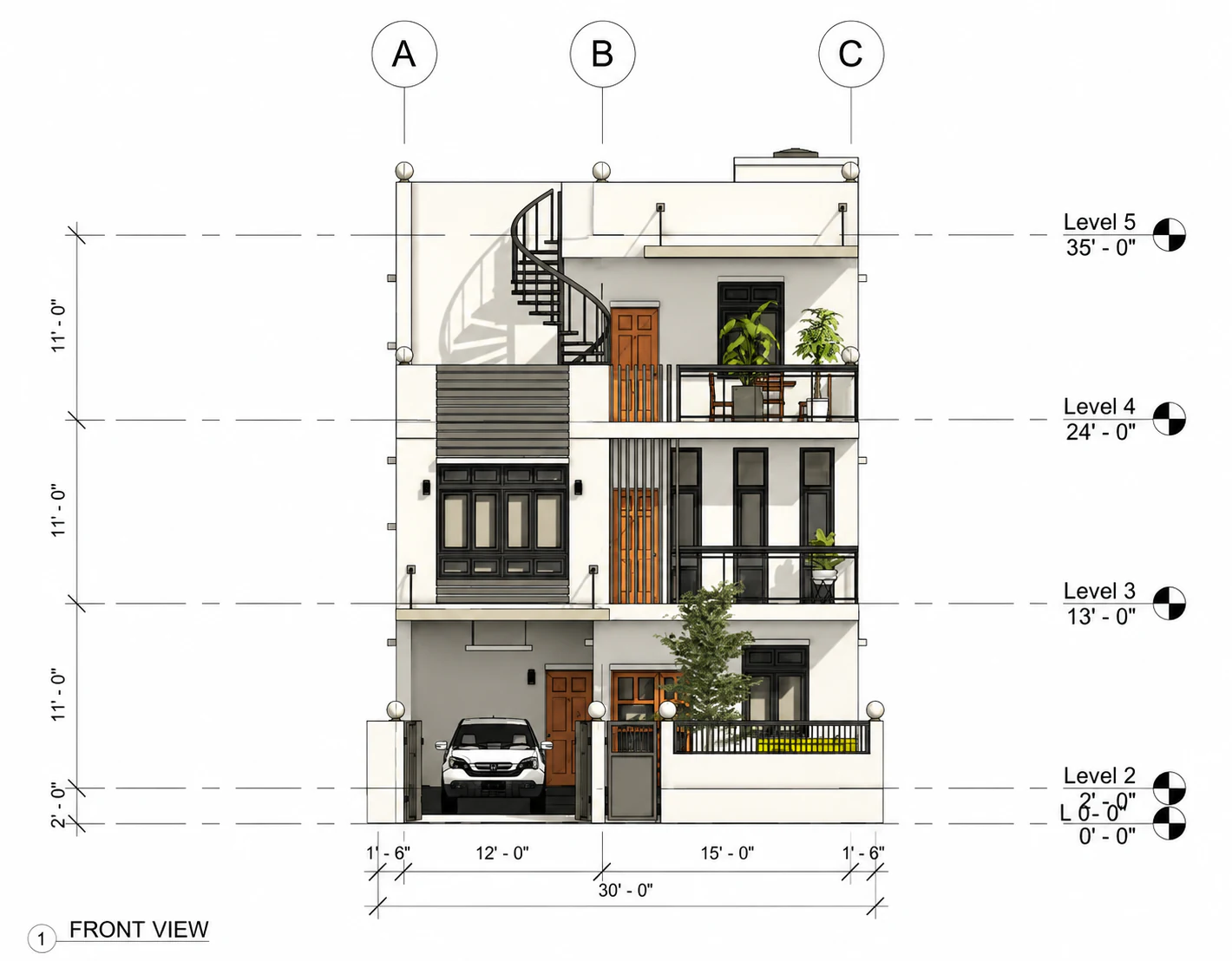 Annotated front elevation for Terrace Frame Residence