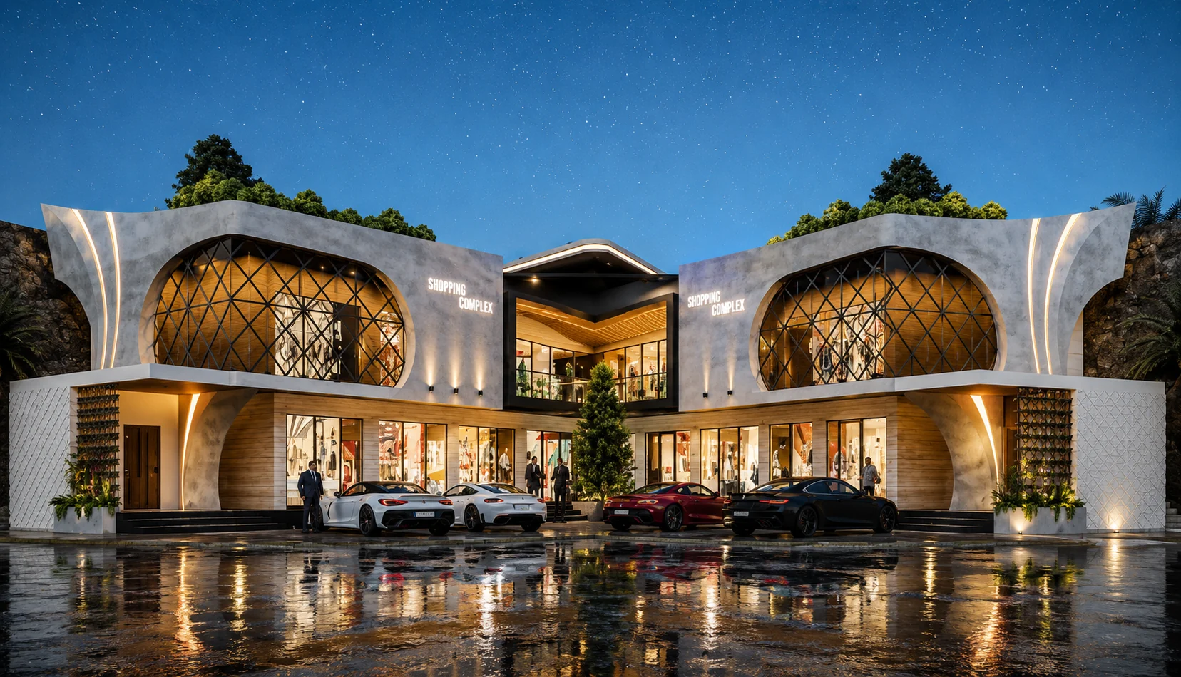 Night front elevation for Lattice Court Pavilion