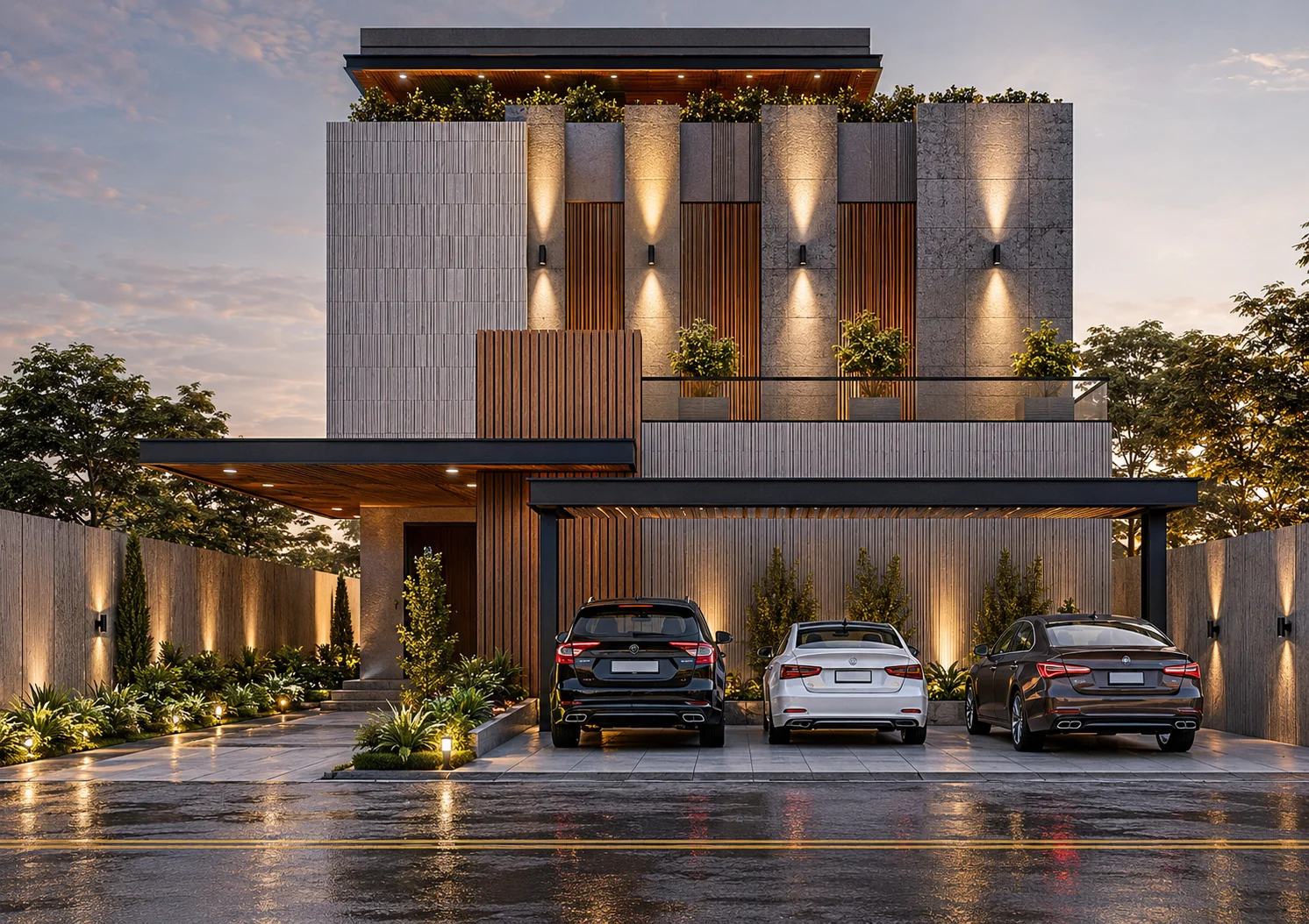 Dusk front elevation for Stoneveil Residence