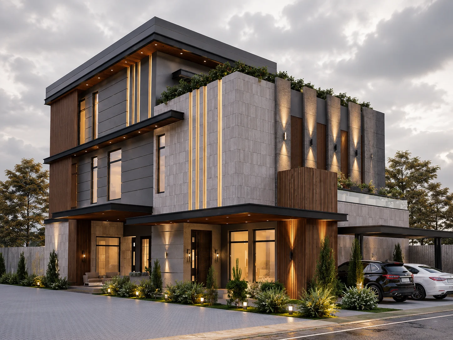 Dusk corner elevation for Stoneveil Residence