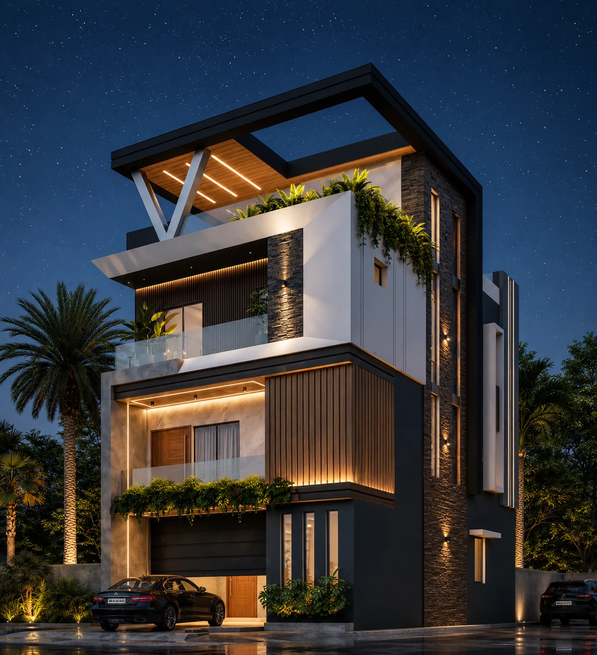 Front corner night for Vertex House