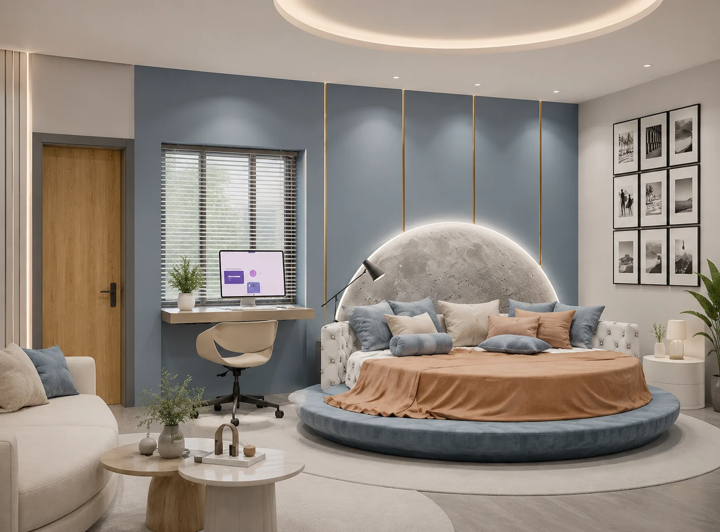 Bed and workspace view for Azure Orbit Bedroom