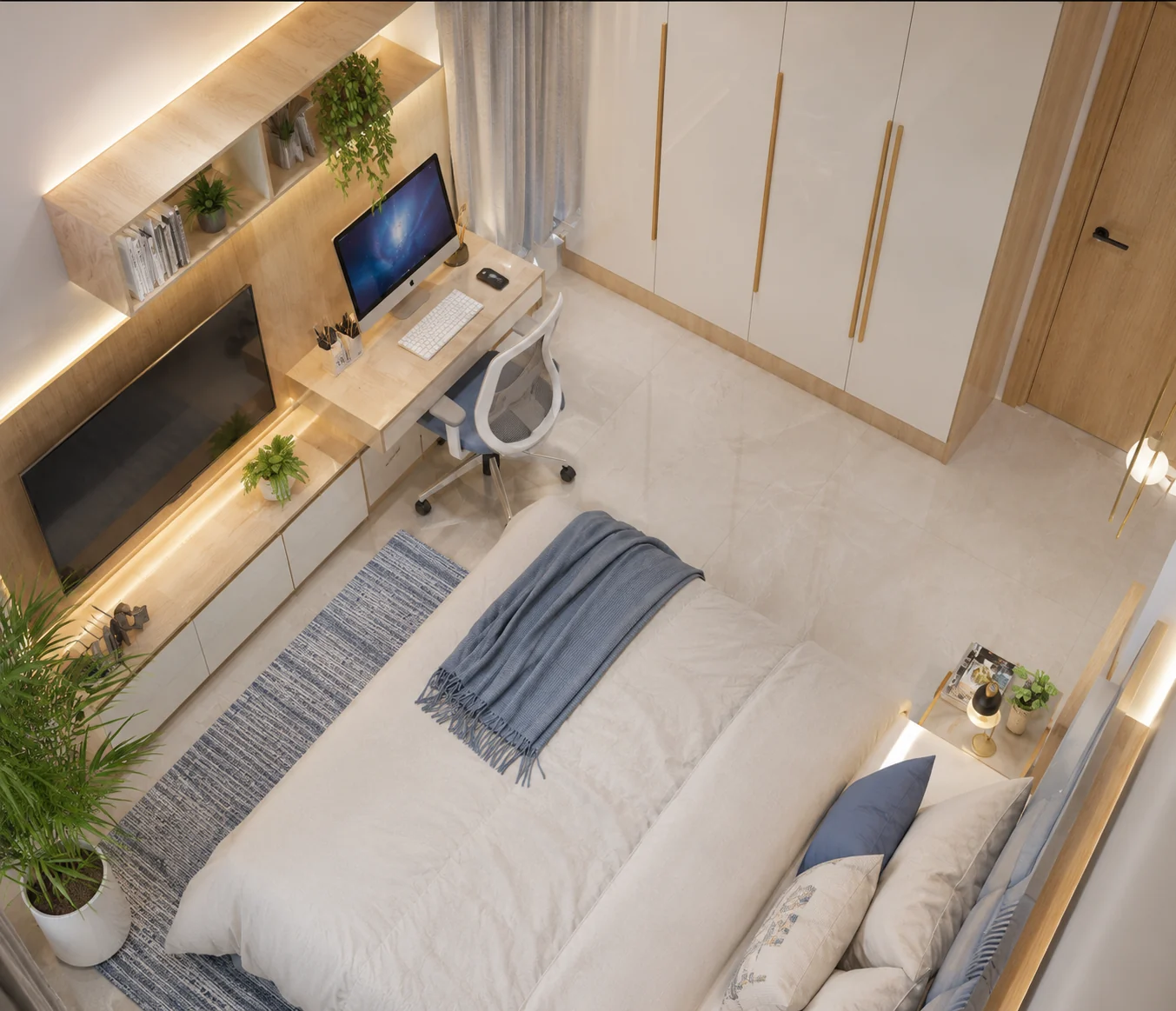 Aerial bedroom layout for Driftwood Study Bedroom