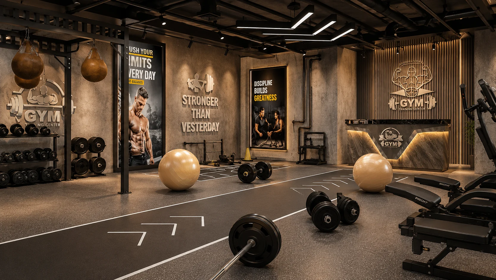 Free weight training area for Forge Fitness Club