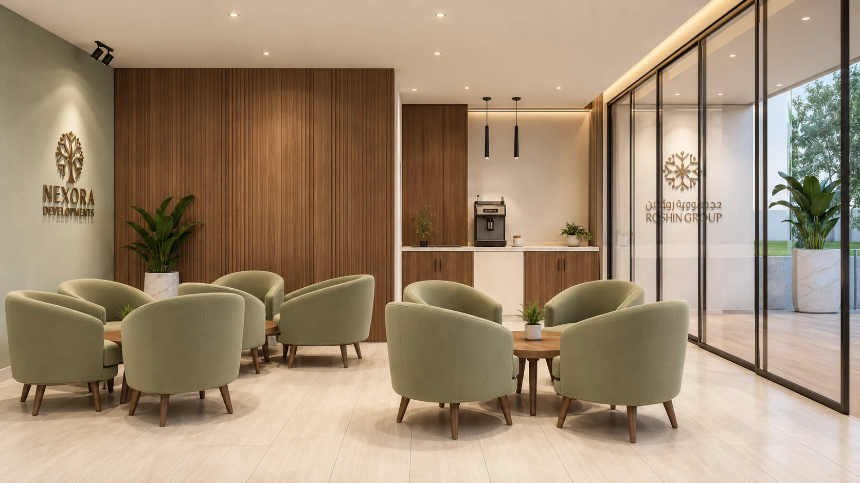 Coffee bar and seating for Nexora Staff Lounge