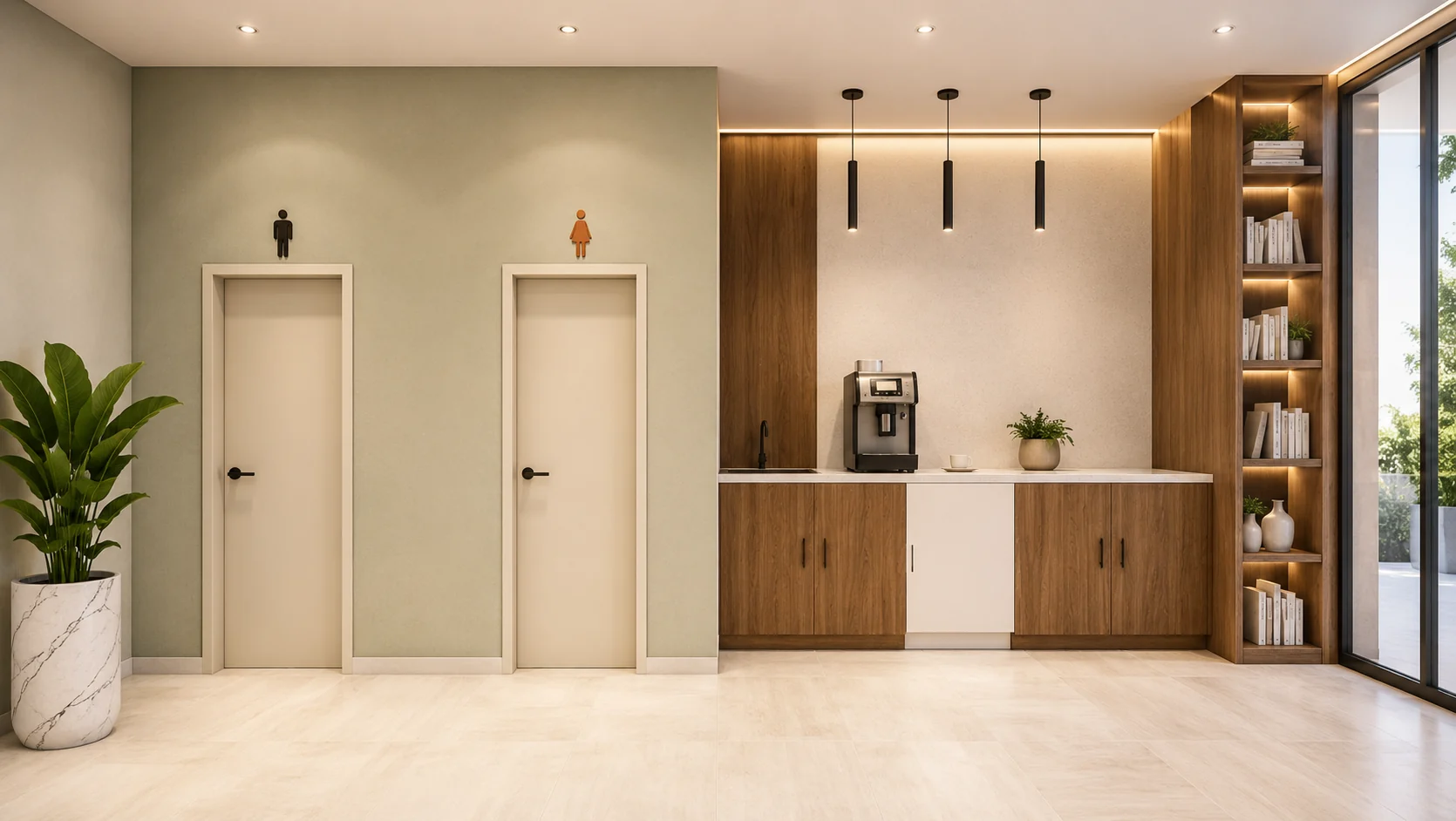 Amenities corridor for Nexora Staff Lounge