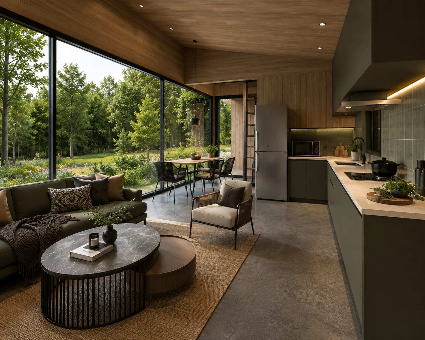 Open-plan living view for Pineglass Retreat