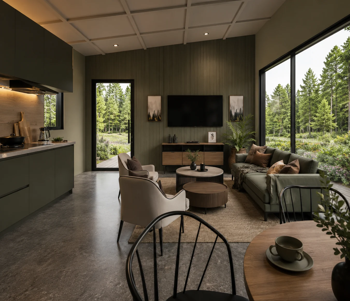 Media wall and kitchen for Pineglass Retreat