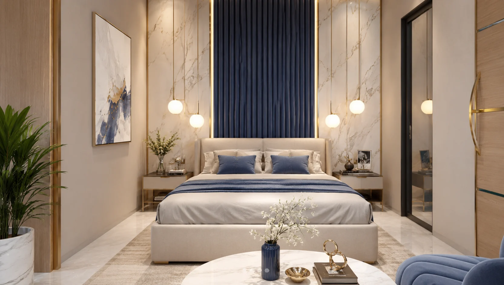 Bed and feature wall for Sapphire Bedroom